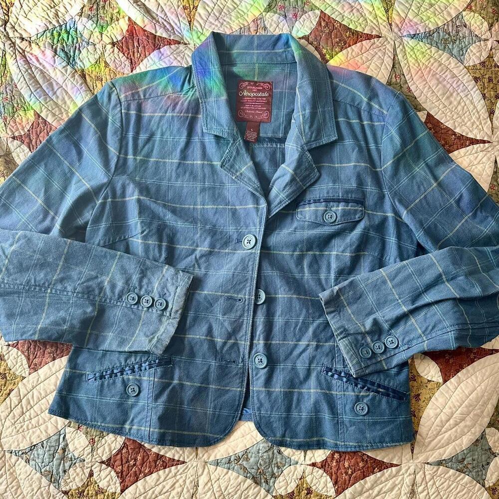 Vintage Y2K Aeropostale blue plaid lightweight cotton blazer